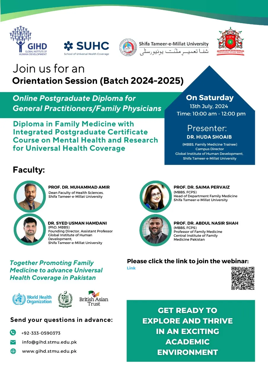 Flyer for the Diploma in Family Medicine orientation session, Batch 2024–2025