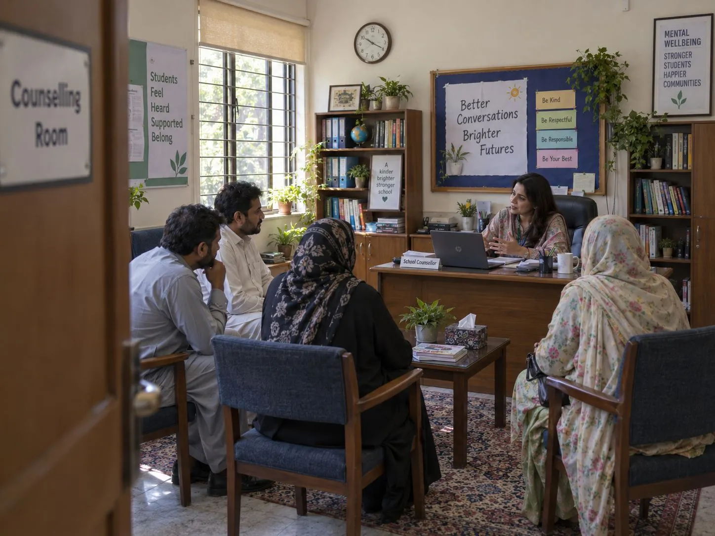 Caregivers seated in a school counselling room as a counsellor leads a family-support conversation