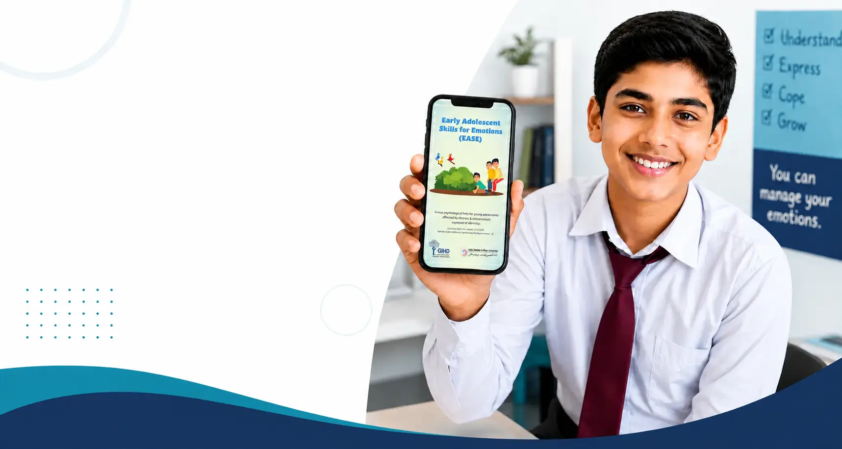 GIHD Virtual Training Program 1 A student holds up a phone displaying the GIHD EASE app, part of the WHO-endorsed adolescent mental health program